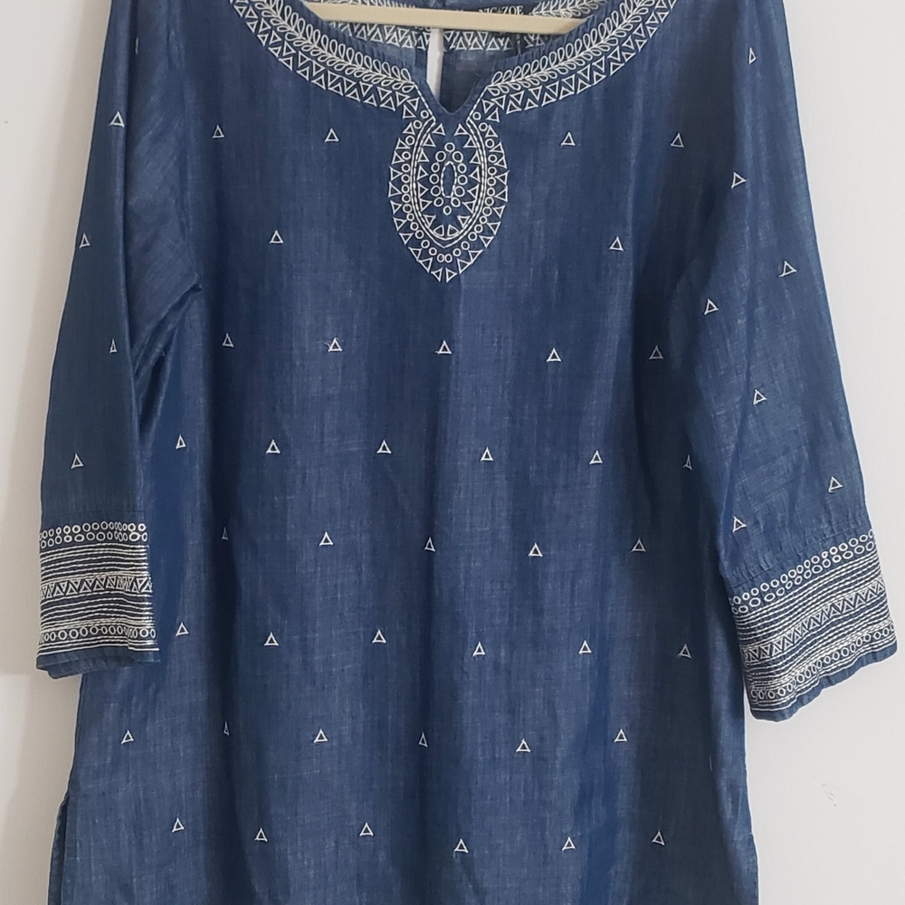 NIC+ZOE Blue Embroidered Tunic Boho Chic Casual